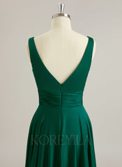 A-line V-Neck Floor-Length Silky Satin Prom Dresses With Pleated