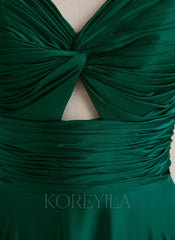 A-line V-Neck Floor-Length Silky Satin Prom Dresses With Pleated