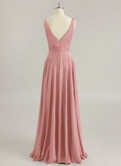 A-line V-Neck Floor-Length Silky Satin Prom Dresses With Pleated