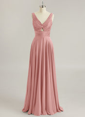 A-line V-Neck Floor-Length Silky Satin Prom Dresses With Pleated
