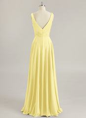 A-line V-Neck Floor-Length Silky Satin Prom Dresses With Pleated