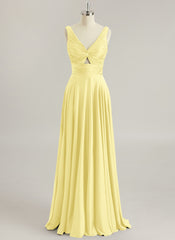 A-line V-Neck Floor-Length Silky Satin Prom Dresses With Pleated