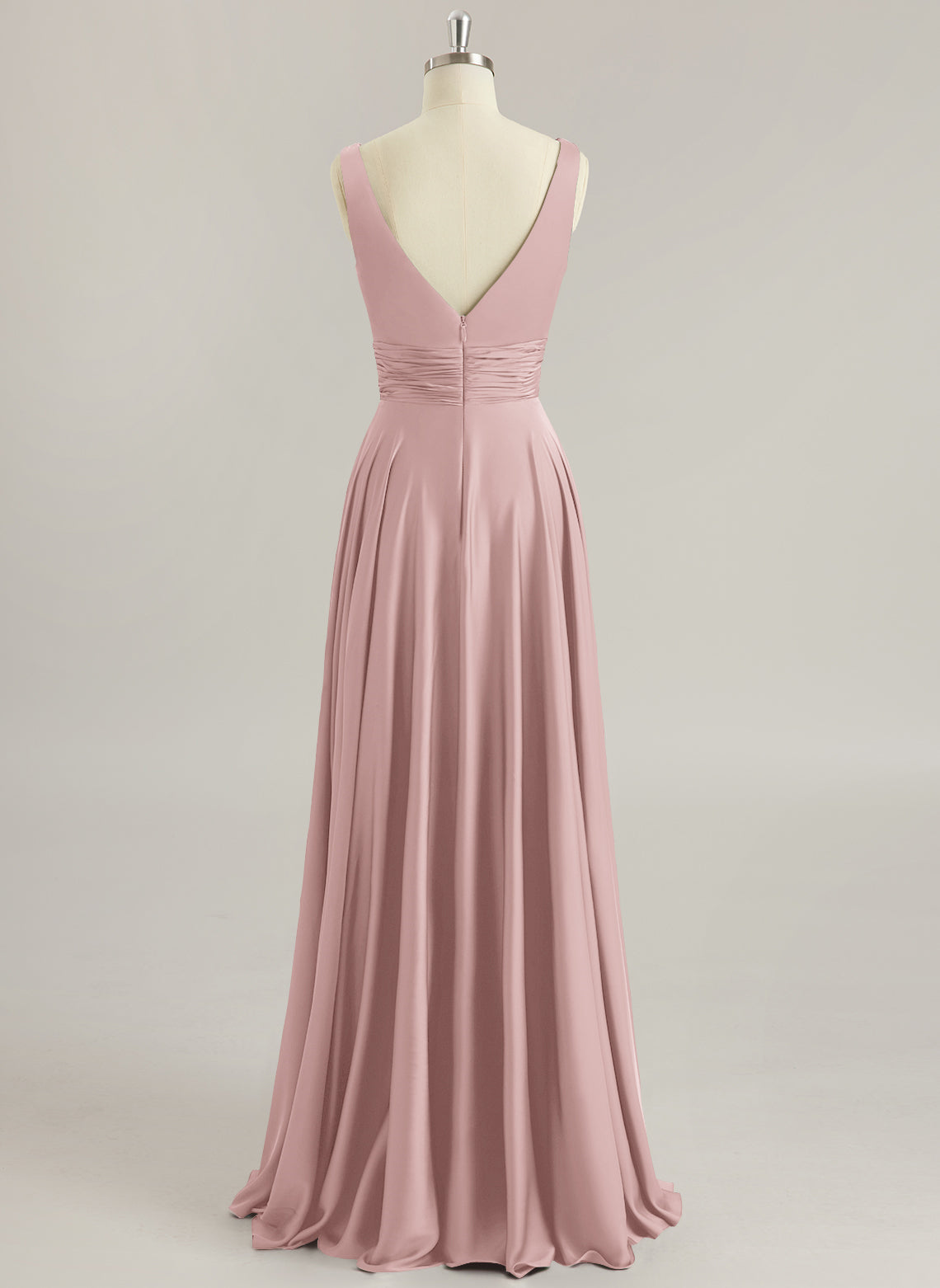 A-line V-Neck Floor-Length Silky Satin Prom Dresses With Pleated
