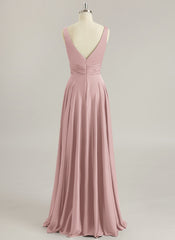 A-line V-Neck Floor-Length Silky Satin Prom Dresses With Pleated