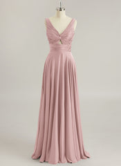 A-line V-Neck Floor-Length Silky Satin Prom Dresses With Pleated