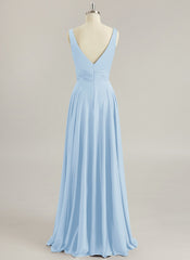 A-line V-Neck Floor-Length Silky Satin Prom Dresses With Pleated