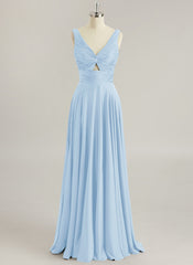 A-line V-Neck Floor-Length Silky Satin Prom Dresses With Pleated