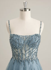 A-line Sweetheart Floor-Length Tulle Prom Dresses With Rhinestone Beading Sequins