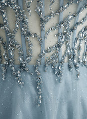 A-line Sweetheart Floor-Length Tulle Prom Dresses With Rhinestone Beading Sequins