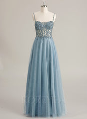 A-line Sweetheart Floor-Length Tulle Prom Dresses With Rhinestone Beading Sequins