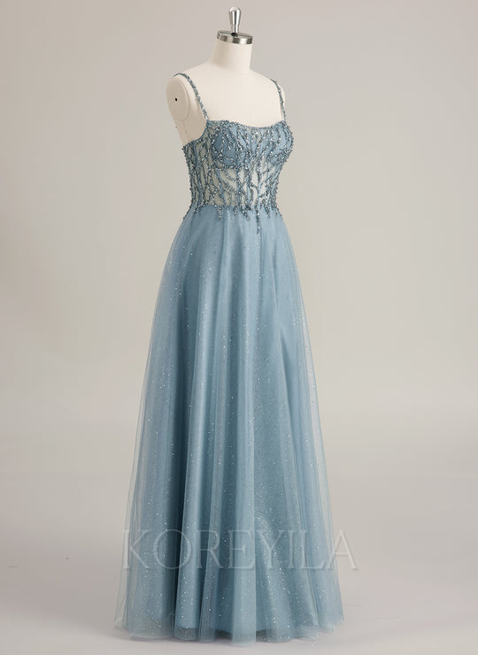 A-line Sweetheart Floor-Length Tulle Prom Dresses With Rhinestone Beading Sequins