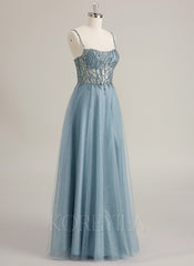 A-line Sweetheart Floor-Length Tulle Prom Dresses With Rhinestone Beading Sequins