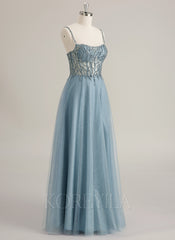 A-line Sweetheart Floor-Length Tulle Prom Dresses With Rhinestone Beading Sequins