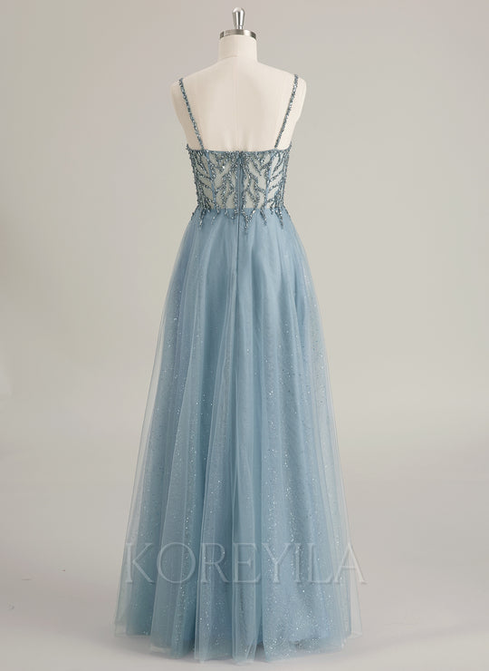 A-line Sweetheart Floor-Length Tulle Prom Dresses With Rhinestone Beading Sequins