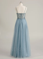 A-line Sweetheart Floor-Length Tulle Prom Dresses With Rhinestone Beading Sequins