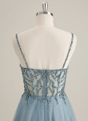 A-line Sweetheart Floor-Length Tulle Prom Dresses With Rhinestone Beading Sequins