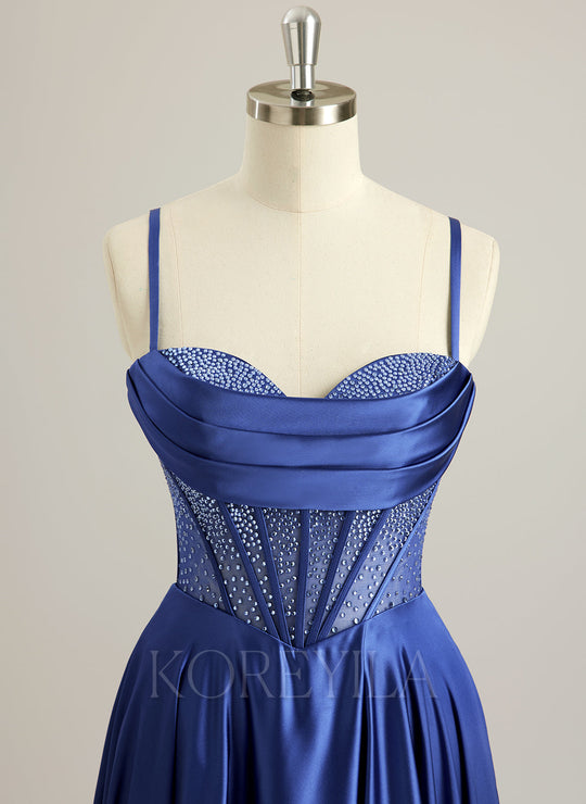 A-line Sweetheart Sweep Train Silky Satin Prom Dresses With Rhinestone