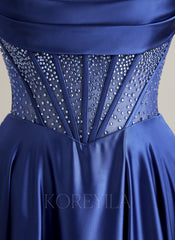 A-line Sweetheart Sweep Train Silky Satin Prom Dresses With Rhinestone
