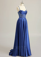 A-line Sweetheart Sweep Train Silky Satin Prom Dresses With Rhinestone