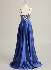 A-line Sweetheart Sweep Train Silky Satin Prom Dresses With Rhinestone