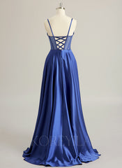 A-line Sweetheart Sweep Train Silky Satin Prom Dresses With Rhinestone