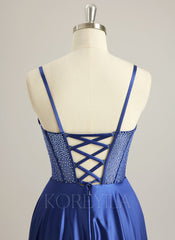 A-line Sweetheart Sweep Train Silky Satin Prom Dresses With Rhinestone