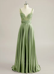 A-line V-Neck Sweep Train Jersey Prom Dresses With Sequins Beading Appliques Lace