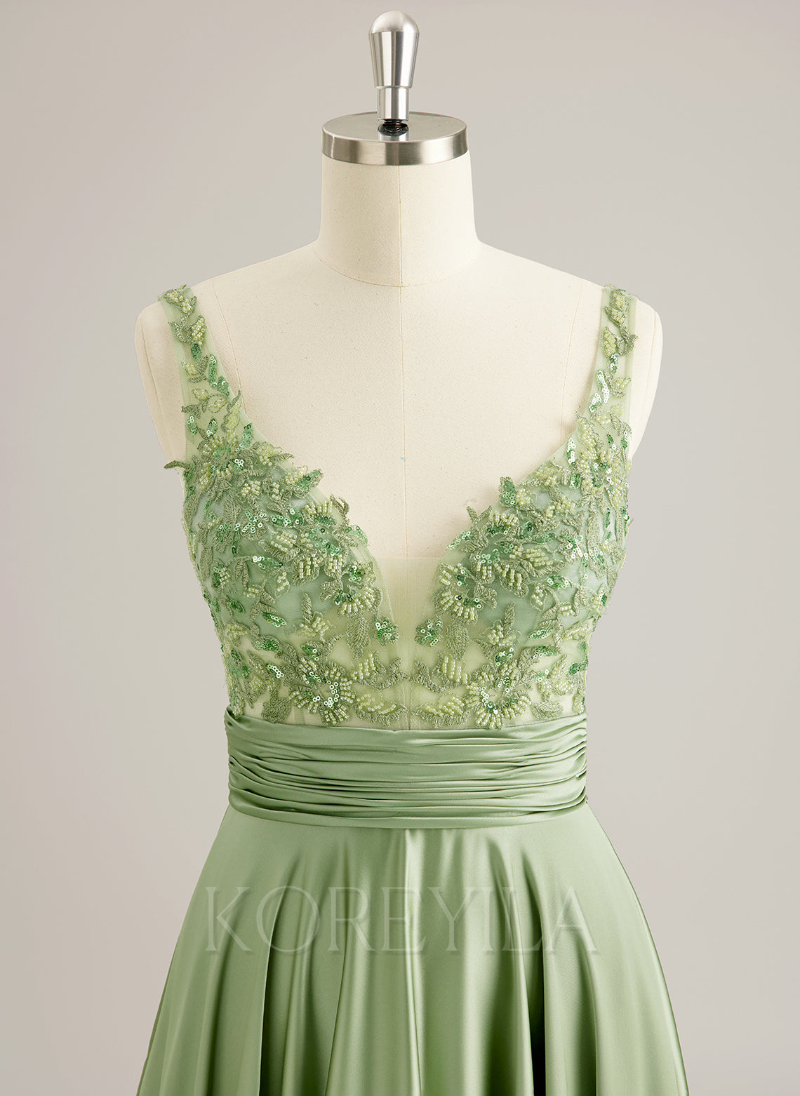 A-line V-Neck Sweep Train Jersey Prom Dresses With Sequins Beading Appliques Lace