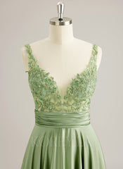 A-line V-Neck Sweep Train Jersey Prom Dresses With Sequins Beading Appliques Lace