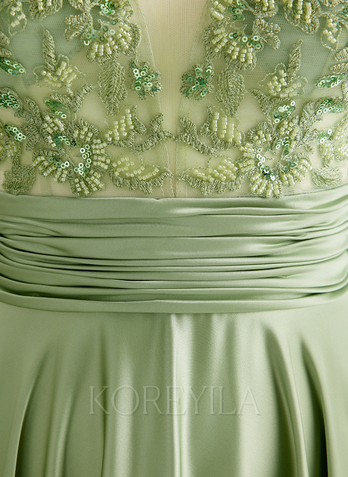 A-line V-Neck Sweep Train Jersey Prom Dresses With Sequins Beading Appliques Lace