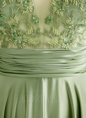 A-line V-Neck Sweep Train Jersey Prom Dresses With Sequins Beading Appliques Lace