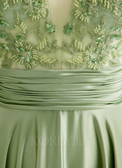 A-line V-Neck Sweep Train Jersey Prom Dresses With Sequins Beading Appliques Lace