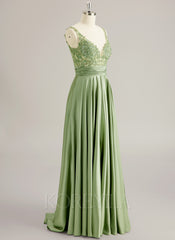 A-line V-Neck Sweep Train Jersey Prom Dresses With Sequins Beading Appliques Lace