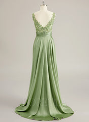 A-line V-Neck Sweep Train Jersey Prom Dresses With Sequins Beading Appliques Lace