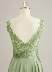 A-line V-Neck Sweep Train Jersey Prom Dresses With Sequins Beading Appliques Lace