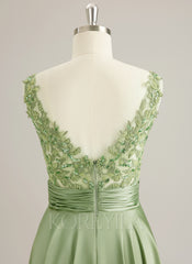 A-line V-Neck Sweep Train Jersey Prom Dresses With Sequins Beading Appliques Lace