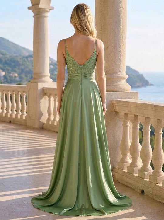 A-line V-Neck Sweep Train Jersey Prom Dresses With Sequins Beading Appliques Lace