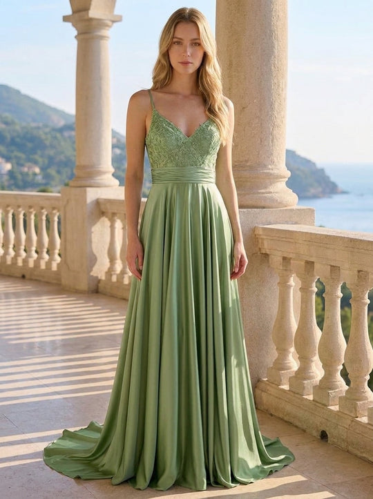 A-line V-Neck Sweep Train Jersey Prom Dresses With Sequins Beading Appliques Lace