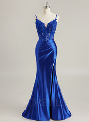 Trumpet/Mermaid V-Neck Sweep Train Jersey Prom Dresses With Rhinestone Appliques Lace Sequins Beading