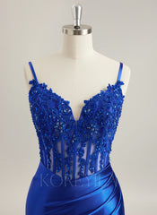 Trumpet/Mermaid V-Neck Sweep Train Jersey Prom Dresses With Rhinestone Appliques Lace Sequins Beading