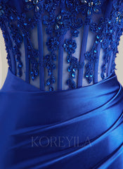 Trumpet/Mermaid V-Neck Sweep Train Jersey Prom Dresses With Rhinestone Appliques Lace Sequins Beading