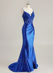 Trumpet/Mermaid V-Neck Sweep Train Jersey Prom Dresses With Rhinestone Appliques Lace Sequins Beading