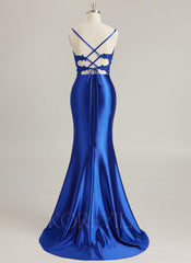 Trumpet/Mermaid V-Neck Sweep Train Jersey Prom Dresses With Rhinestone Appliques Lace Sequins Beading