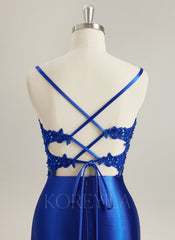 Trumpet/Mermaid V-Neck Sweep Train Jersey Prom Dresses With Rhinestone Appliques Lace Sequins Beading