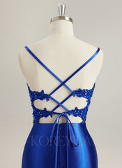 Trumpet/Mermaid V-Neck Sweep Train Jersey Prom Dresses With Rhinestone Appliques Lace Sequins Beading