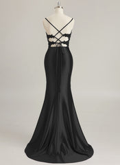 Trumpet/Mermaid V-Neck Sweep Train Jersey Prom Dresses With Rhinestone Appliques Lace Sequins Beading