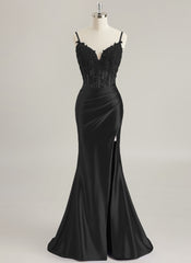 Trumpet/Mermaid V-Neck Sweep Train Jersey Prom Dresses With Rhinestone Appliques Lace Sequins Beading