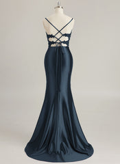 Trumpet/Mermaid V-Neck Sweep Train Jersey Prom Dresses With Rhinestone Appliques Lace Sequins Beading