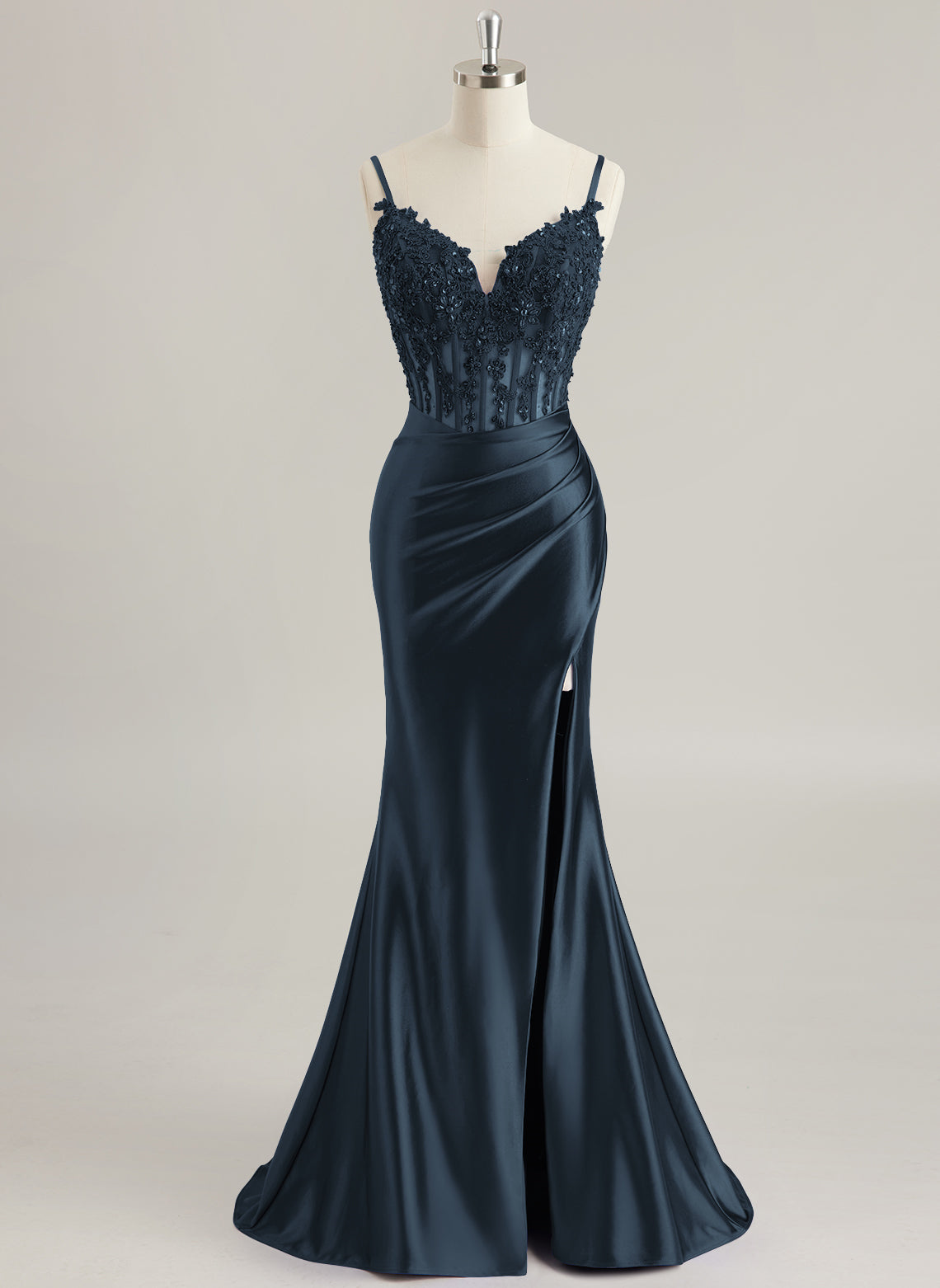 Trumpet/Mermaid V-Neck Sweep Train Jersey Prom Dresses With Rhinestone Appliques Lace Sequins Beading