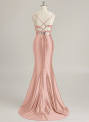 Trumpet/Mermaid V-Neck Sweep Train Jersey Prom Dresses With Rhinestone Appliques Lace Sequins Beading